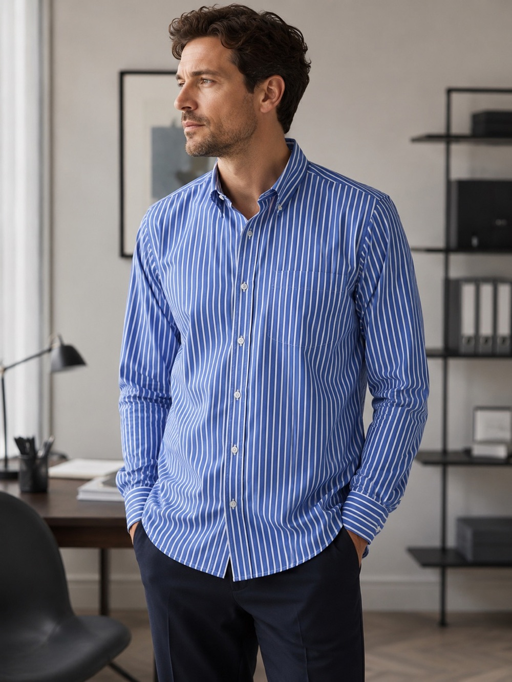 Façonnable Blue Stripes Shirt Pocket Extra Long Sz XL Cotton Office Business